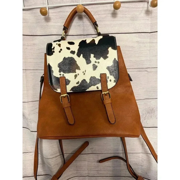 Brooks Handbags - Jen & Co Brooks Unisex Cognac Cow Print Faux Leather Backpack Adjustable Straps